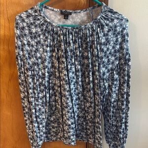 Ann Taylor Blue and White Pleated Long Sleeve Blouse